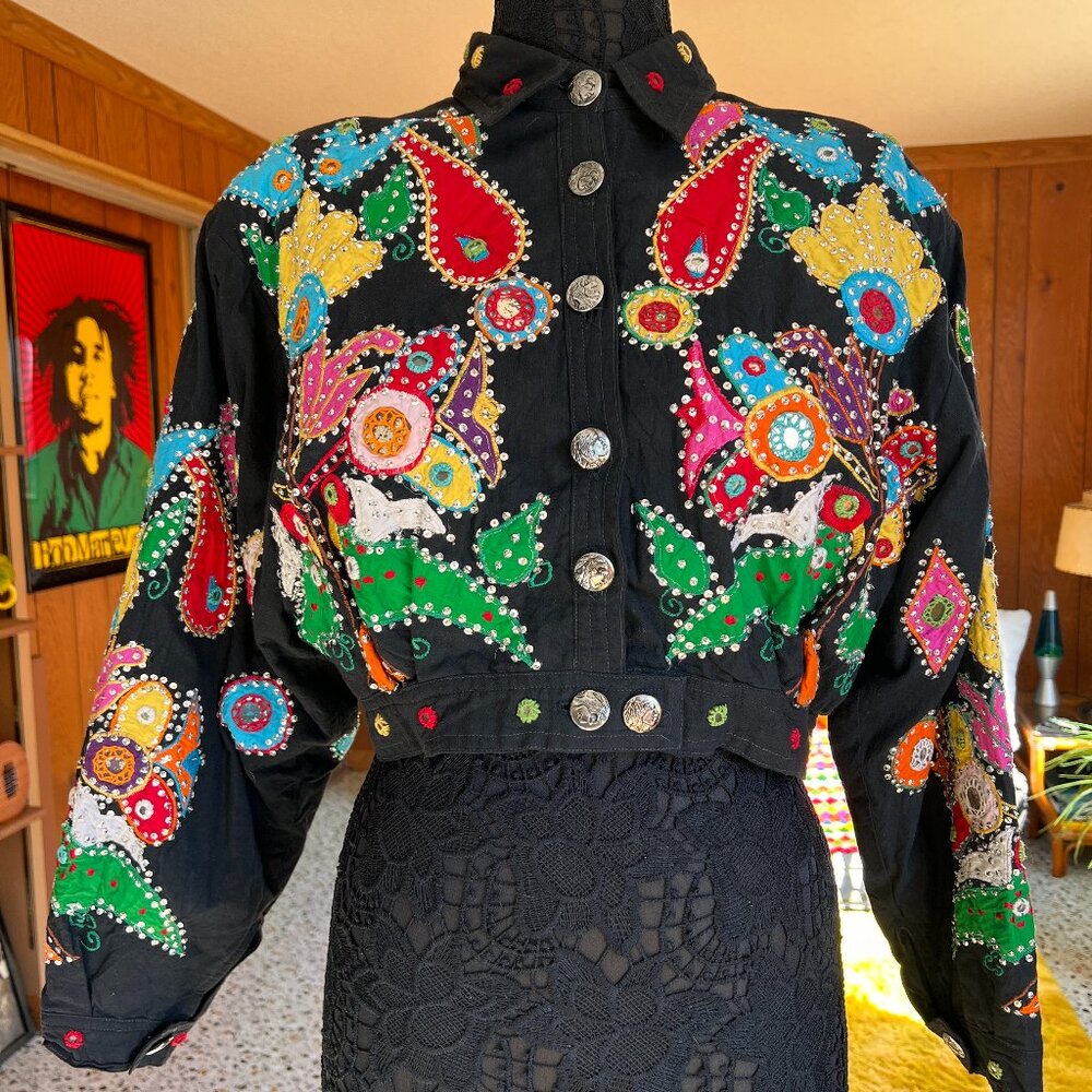 Vintage 90s Selena Q Destination Other Folk Art Embellished Cropped Jacket